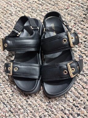 Steve Madden Black Strappy Sandals with Gold Buckles